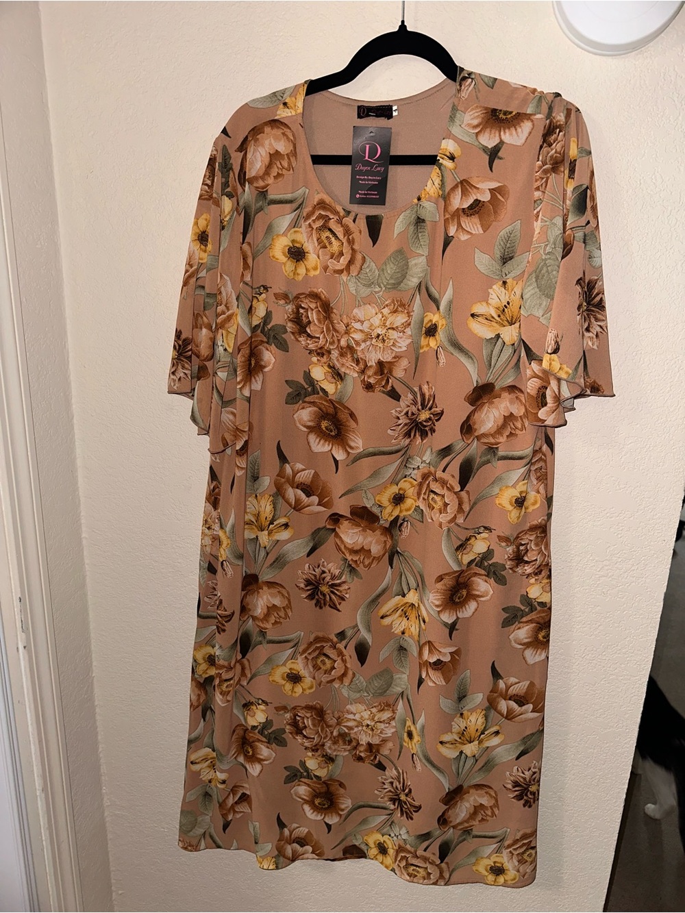 Dainty Daisy Floral Midi Dress - Beige with Yellow & Brown Flowers
